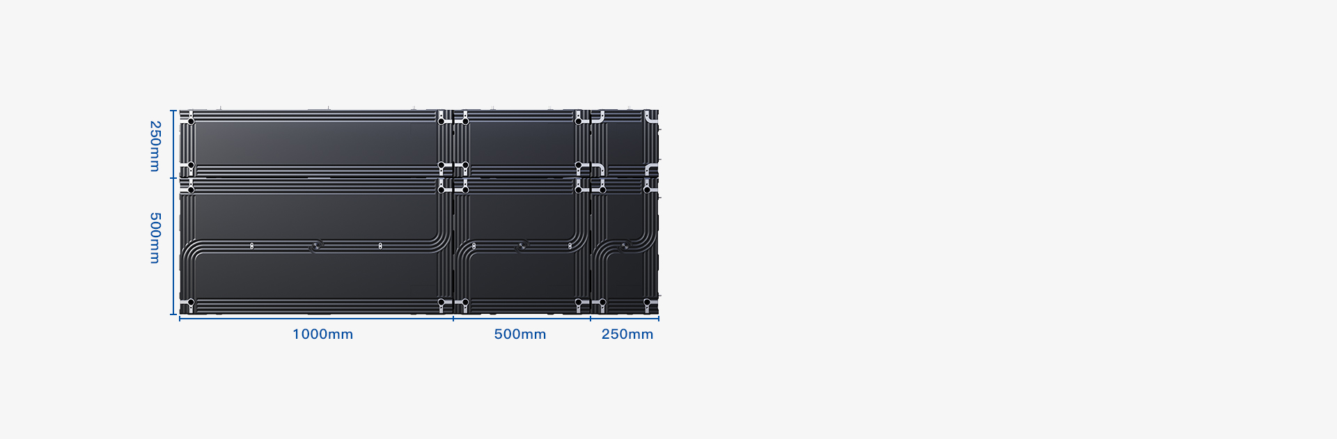 T Variable installation would be available by combination of cabinets in below 6 sizes: 1,000×500×33mm,500×500×33mm,250×500×33mm,1,000×250x33mm,500×250×33mm,250×250×33mm,which can perfectly meet the demand of installation diversity. 